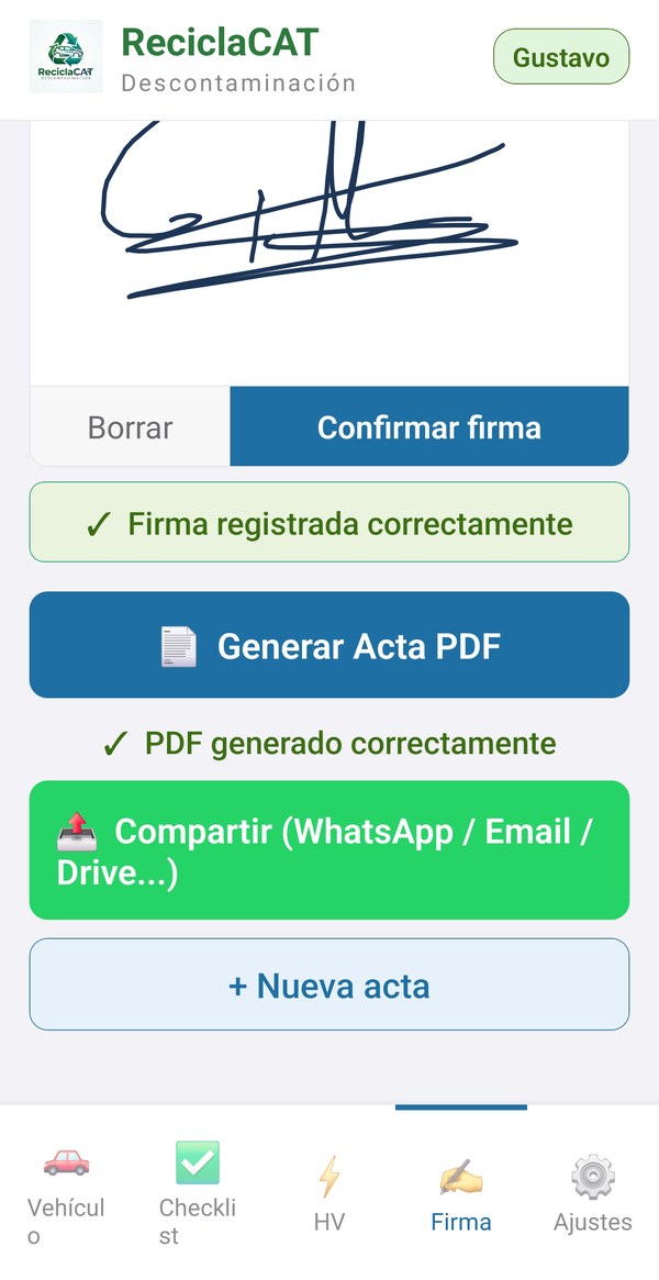 Generación de acta PDF y opciones para compartir